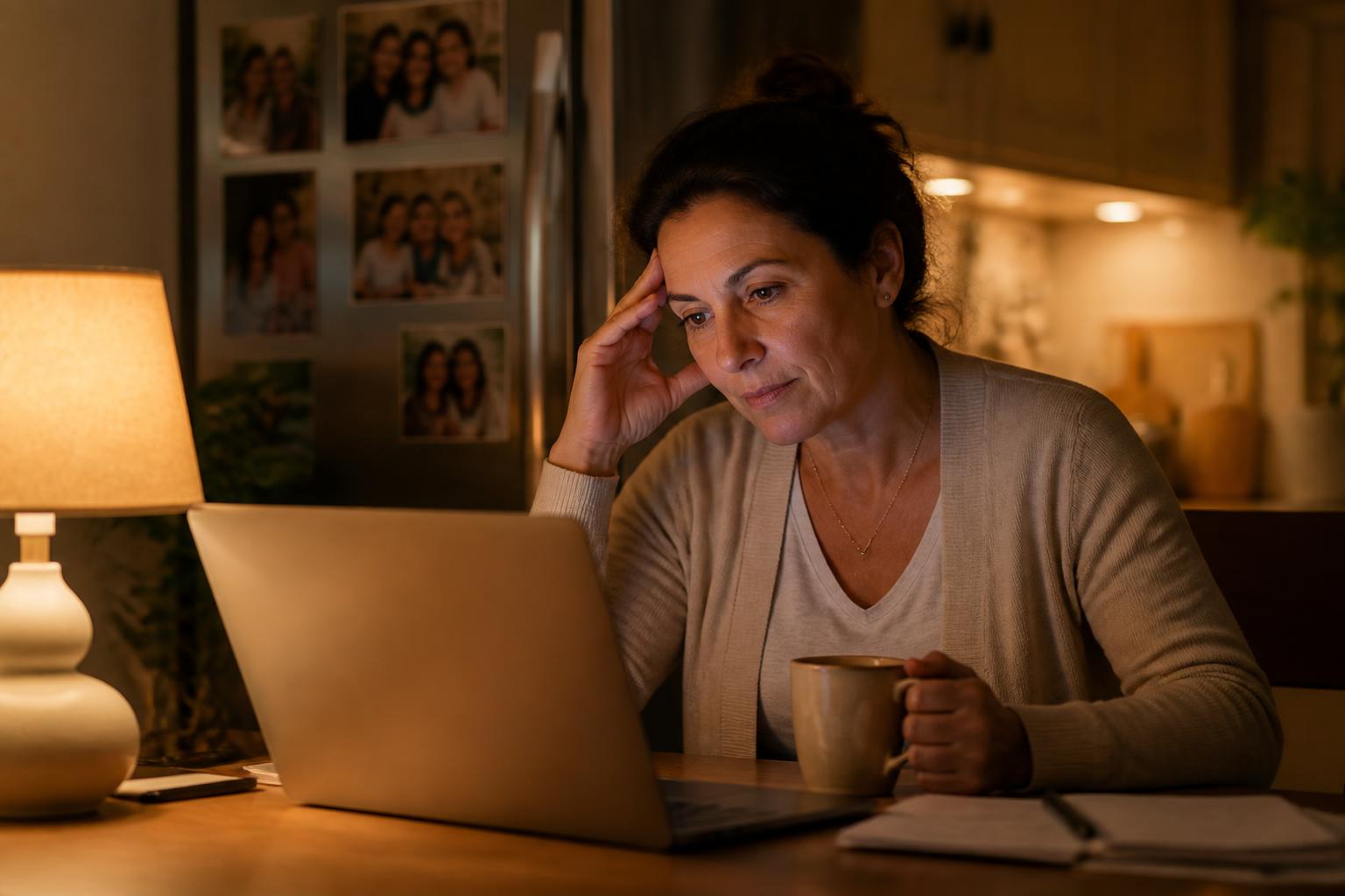 A woman researching memory care late at night at her kitchen table